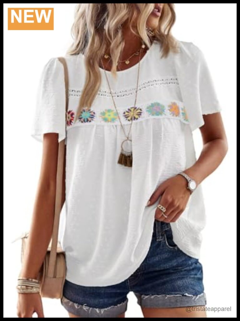 Boho Embroidered Peasant Blouse Flowy Short Sleeve Lace Trim Top